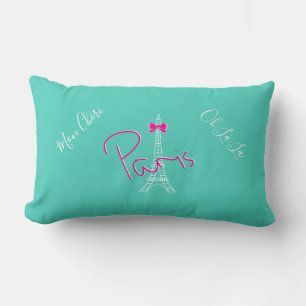 Paris, Eiffel Tower Bow French Modern Turquoise Lumbar Pillow