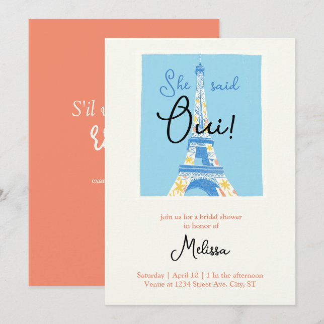 Paris Eiffel Tower bridal shower invitations (Front/Back)
