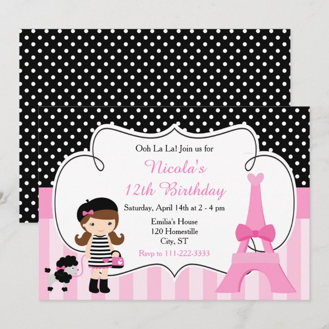 Paris Eiffel Tower Brunette Girl Birthday Party Invitation (Front/Back)