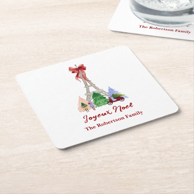 Paris Eiffel Tower Christmas Holiday Custom Square Paper Coaster (Angled)