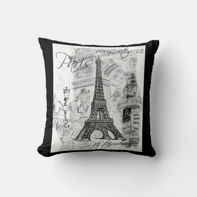 Paris Eiffel Tower Collage Black & White Throw Pillow (Front)
