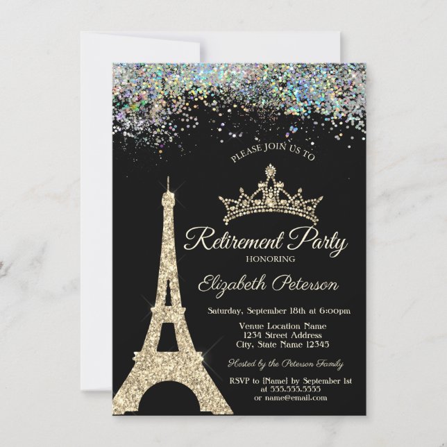 Paris Eiffel Tower,Colourful Confetti Retirement   Invitation (Front)