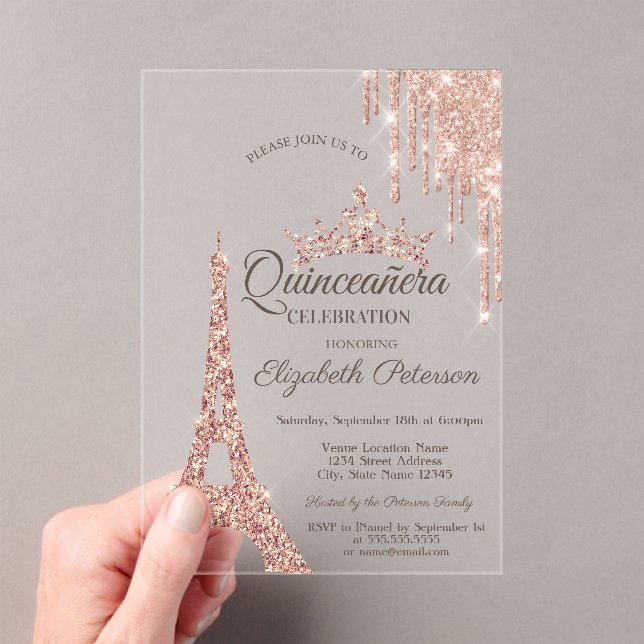 Paris Eiffel Tower,Drip Rose Gold Quinceañera  Acrylic Invitations (Insitu (Handheld))