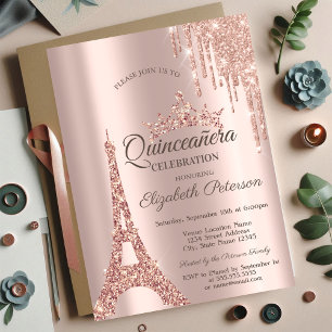 Paris Eiffel Tower,Drip Rose Gold Quinceañera Invitation