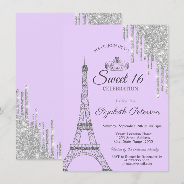 Paris Eiffel Tower,Drips, Light Purple Sweet 16  Invitation (Front/Back)