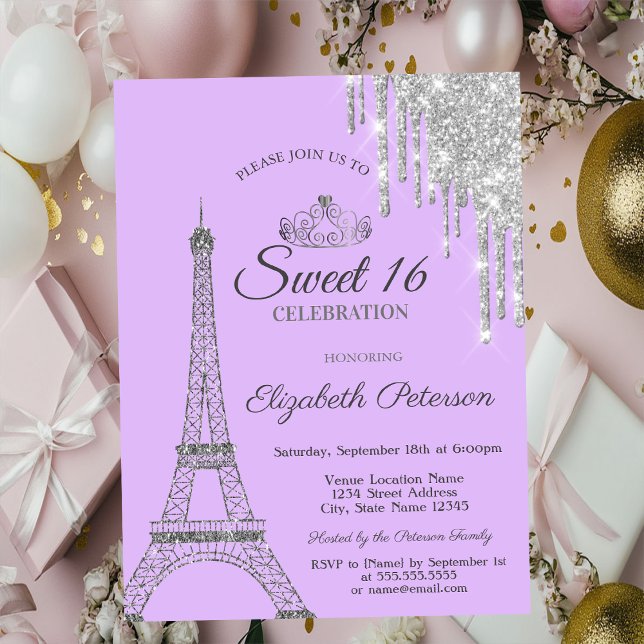 Paris Eiffel Tower,Drips Purple Sweet 16 Invitation (Creator Uploaded)