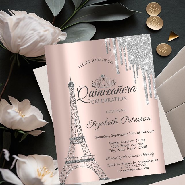 Paris Eiffel Tower,Drips Rose Gold Quinceañera Invitation (Creator Uploaded)