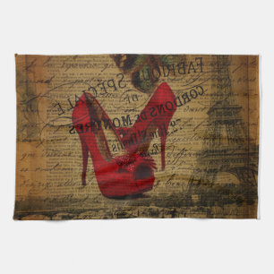 Paris eiffel tower fashionista red stilettos kitchen towel