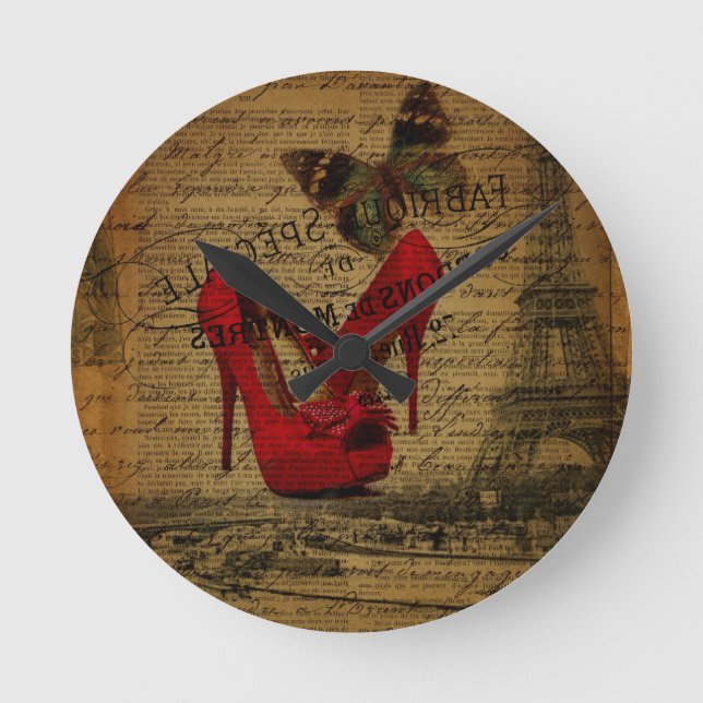 Paris eiffel tower fashionista red stilettos round clock (Front)