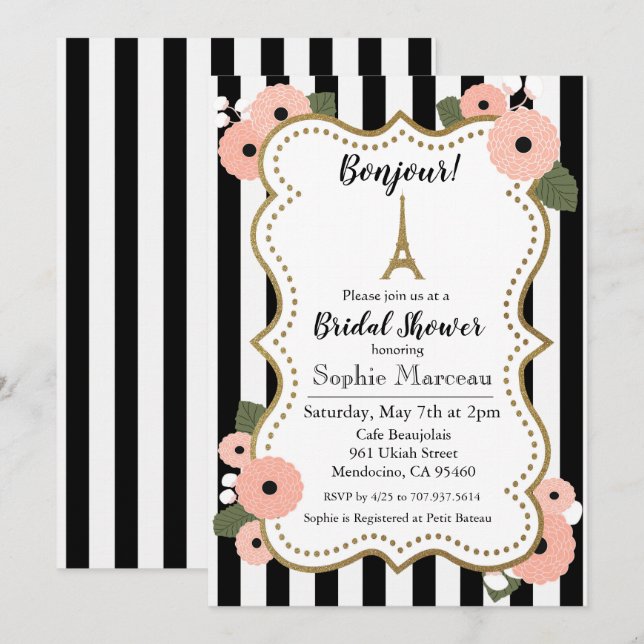 Paris Eiffel Tower Floral Bridal Shower Invitation (Front/Back)