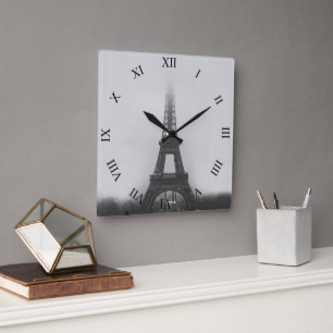 Paris Eiffel Tower Fog B&W Square Wall Clock