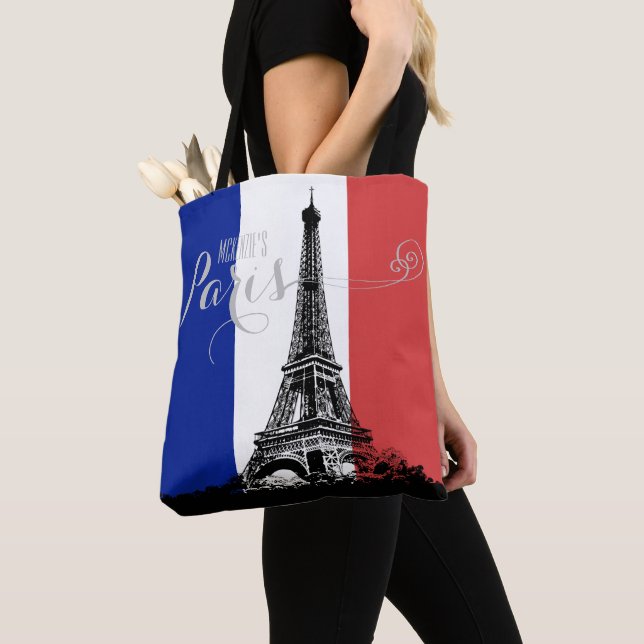 Paris Eiffel Tower France Flag Monogram Tote Bag (Close Up)