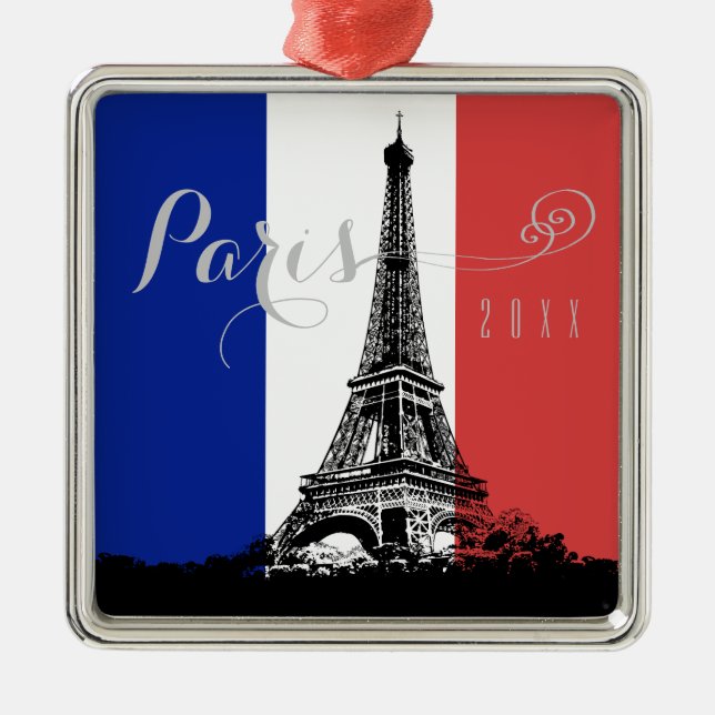 Paris Eiffel Tower France Flag Year Christmas Metal Ornament (Front)
