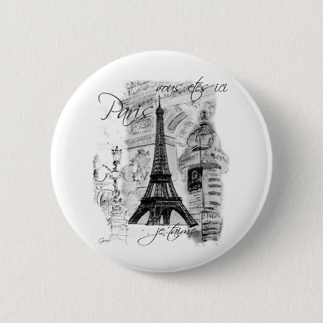 Paris Eiffel Tower French Scene Collage 2 Inch Round Button (Front)