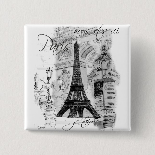 Paris Eiffel Tower French Scene Collage 2 Inch Square Button (Front)