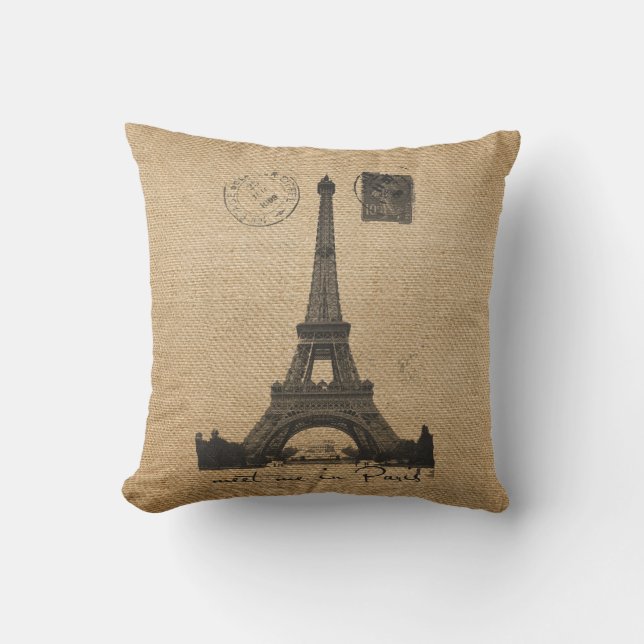 Paris Eiffel Tower Gay Burlap Wedding Personalized Throw Pillow (Front)