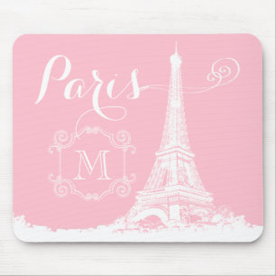 Paris Eiffel Tower Girly Pink White Monogrammed Mouse Pad