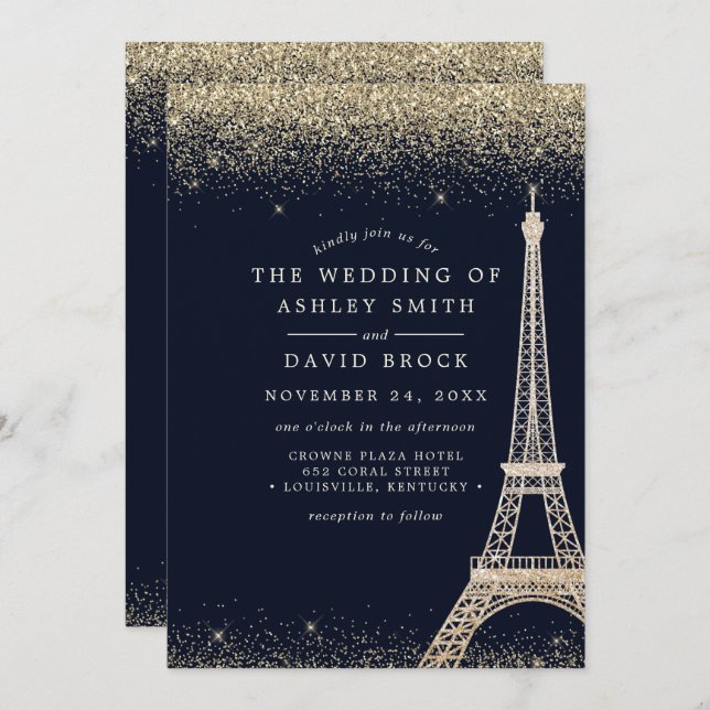 Paris Eiffel Tower Gold Confetti Navy Blue Wedding Invitation (Front/Back)