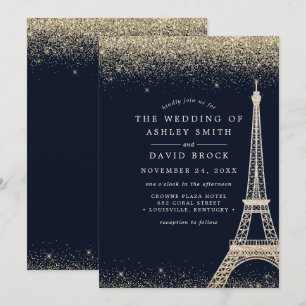 Paris Eiffel Tower Gold Confetti Navy Blue Wedding Invitation