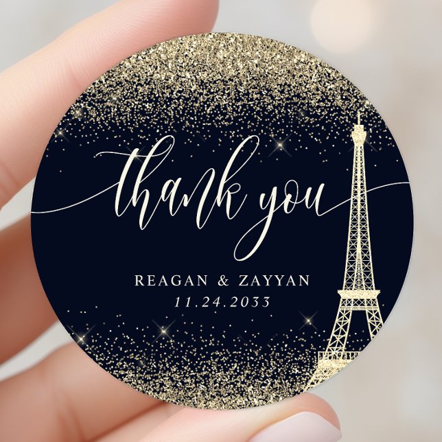 Paris Eiffel Tower Gold Glitter Wedding Thank You Classic Round Sticker (Creator Uploaded)