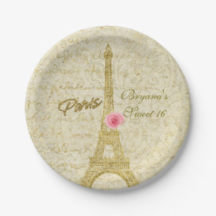 Paris Eiffel Tower Gold & Pink Glamour Party Paper Plate
