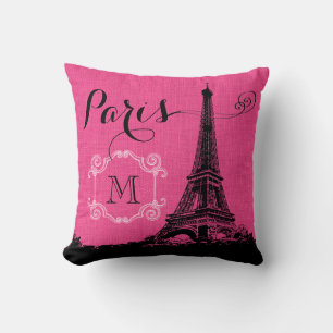 Paris Eiffel Tower Hot Pink Monogram Throw Pillow