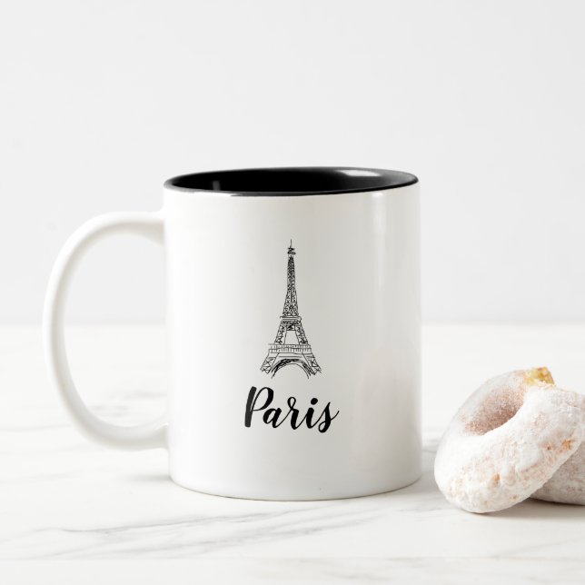 Paris Eiffel Tower Illustration Two-Tone Coffee Mug (With Donut)