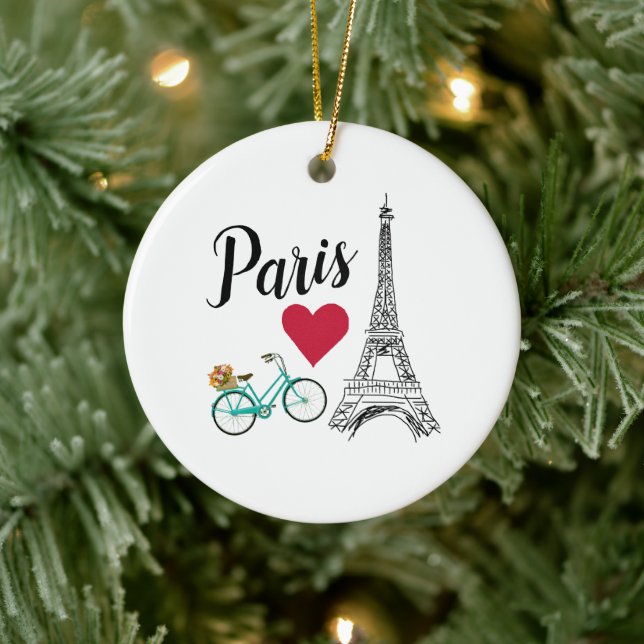 Paris Eiffel Tower Love Illustration Ceramic Ornament (Tree)