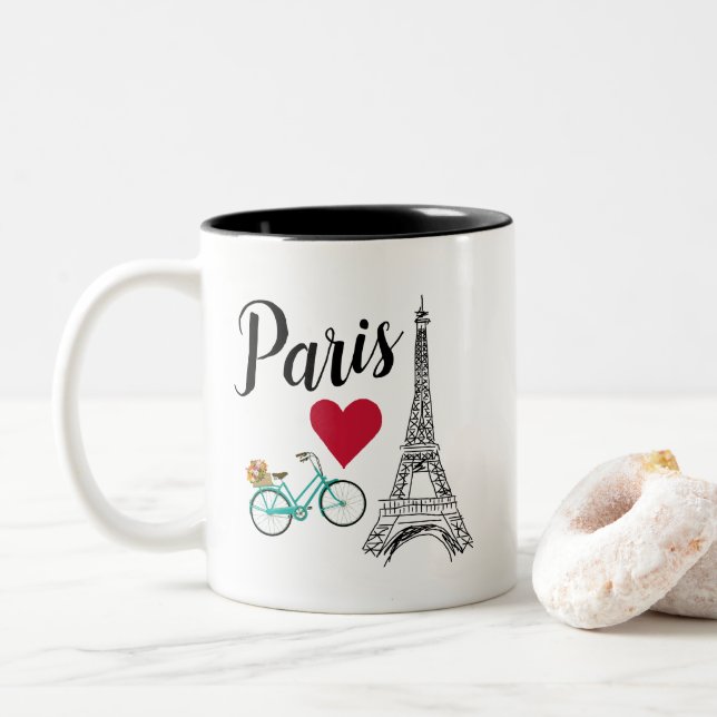Paris Eiffel Tower Love Illustration Two-Tone Coffee Mug (With Donut)