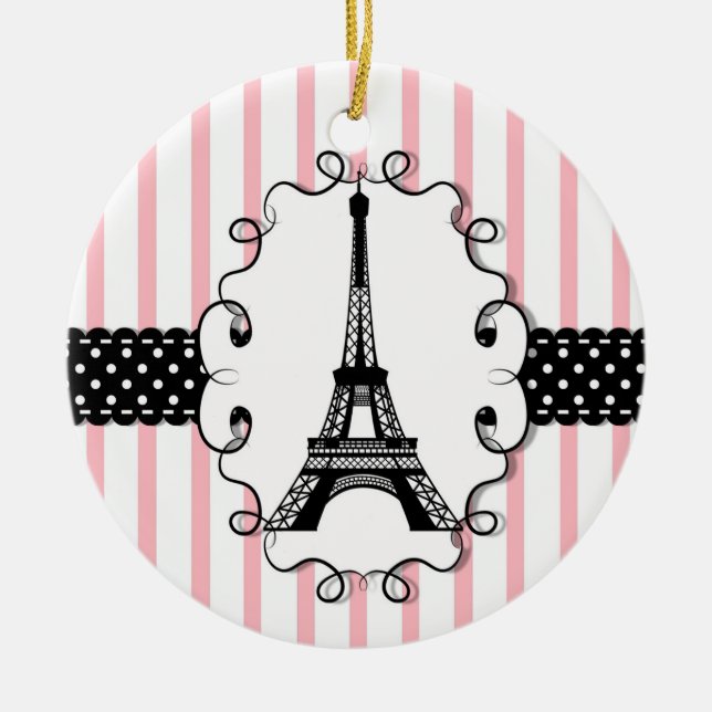Paris Eiffel Tower Pink Black Stripe Ceramic Ornament (Front)
