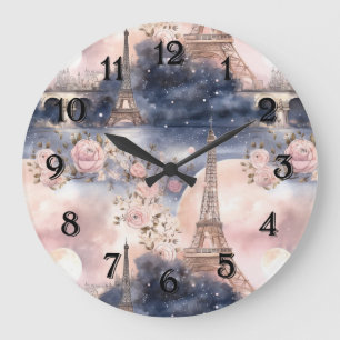 Paris Eiffel Tower Pink Blue Floral Large Clock