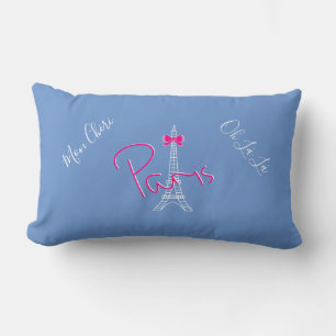 Paris, Eiffel Tower Pink Bow French Modern Blue Lumbar Pillow