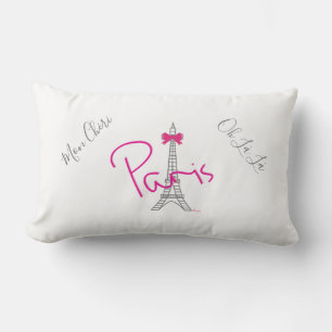 Paris, Eiffel Tower Pink Bow French Modern White Lumbar Pillow