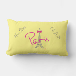 Paris, Eiffel Tower Pink Bow French Modern Yellow Lumbar Pillow