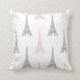 Paris Eiffel Tower Pink Grey White Throw Pillow
