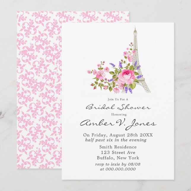 Paris Eiffel Tower Pink Peony Bridal Shower Invitation (Front/Back)