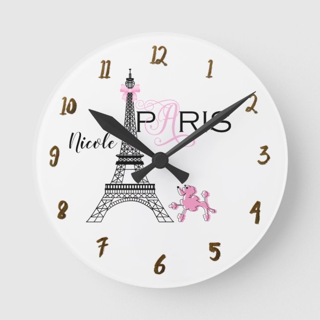Paris Eiffel Tower Pink Poodle Chic Personalized Round Clock (Front)
