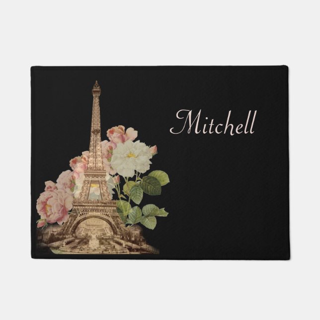 Paris Eiffel Tower Pink Roses Doormat (Front)