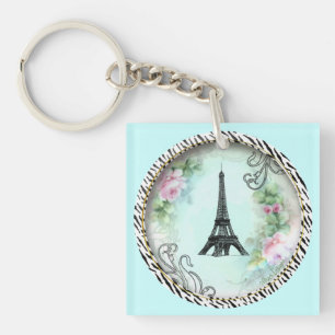 Paris Eiffel Tower & Pink Roses Keychain