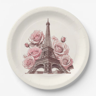 Paris Eiffel Tower & Pink Roses Paper Plate