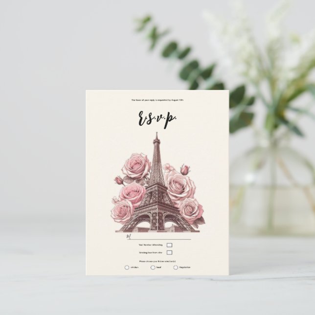 Paris Eiffel Tower & Pink Roses Party Wedding RSVP Invitation (Standing Front)