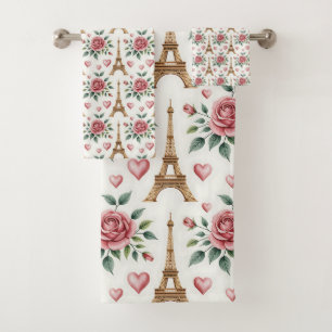 Paris Eiffel Tower Pink Roses Stylish Chic Decor Bath Towel Set
