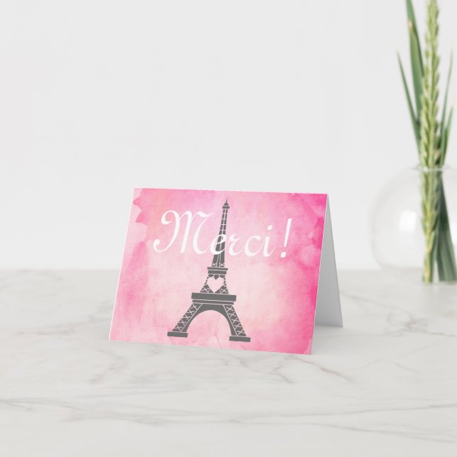 Paris Eiffel Tower Pink Watercolor Thank You Merci (Front)