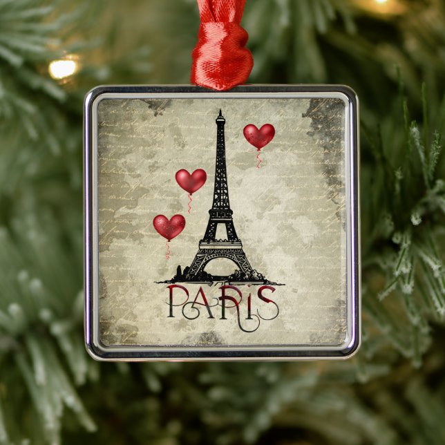 Paris, Eiffel Tower Red Heart Balloons Christmas Metal Ornament (Tree)