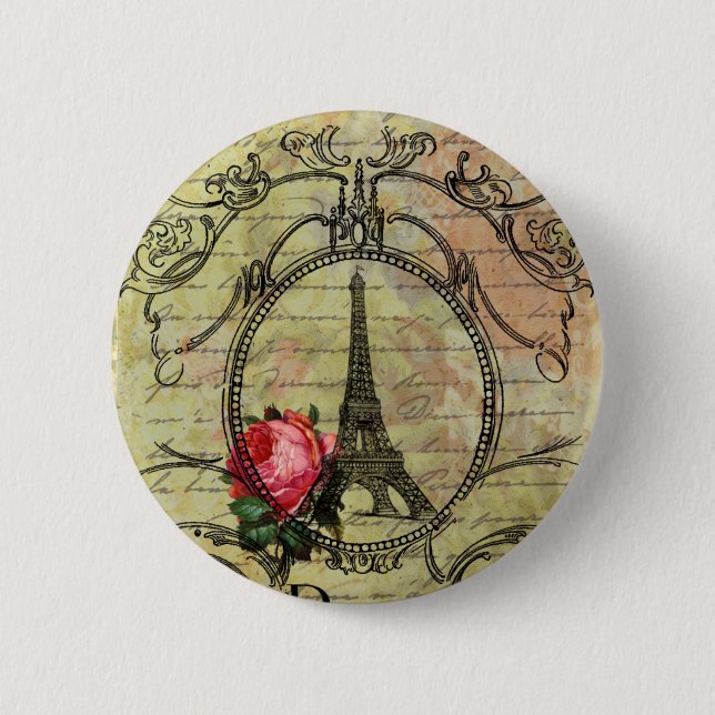 Paris Eiffel Tower & Red Rose Steampunk 2 Inch Round Button (Front)