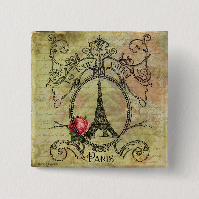 Paris Eiffel Tower & Red Rose Steampunk 2 Inch Square Button (Front)