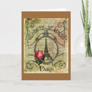 Paris Eiffel Tower & Red Rose Steampunk Card