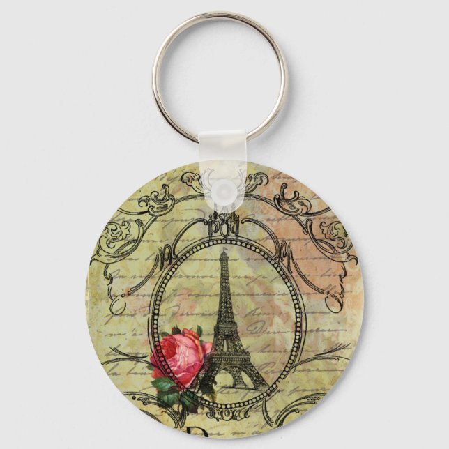 Paris Eiffel Tower & Red Rose Steampunk Keychain (Front)