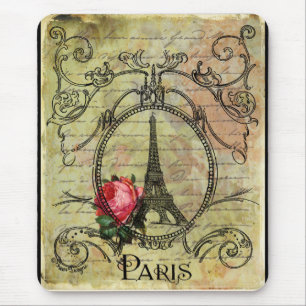 Paris Eiffel Tower & Red Rose Steampunk Mouse Pad