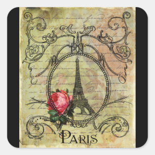Paris Eiffel Tower & Red Rose Steampunk Square Sticker